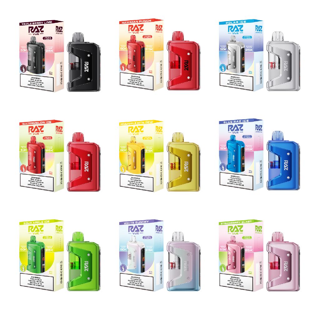 Raz Vue 50K Disposable + Power Dock Group Photo with packaging