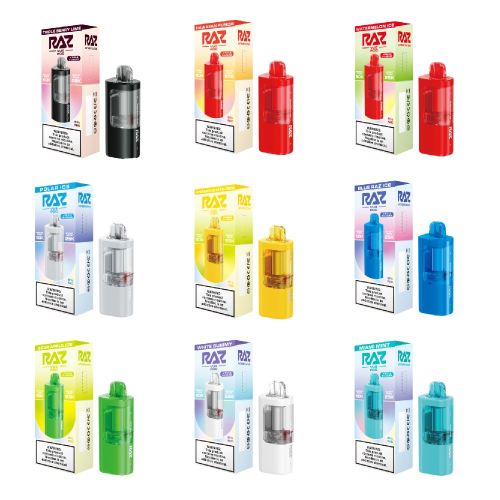Raz Vue 50K Disposable POD Group Photo with packaging