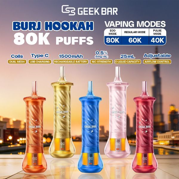 Geek Bar Burj 80K Disposable Group Photo with packaging